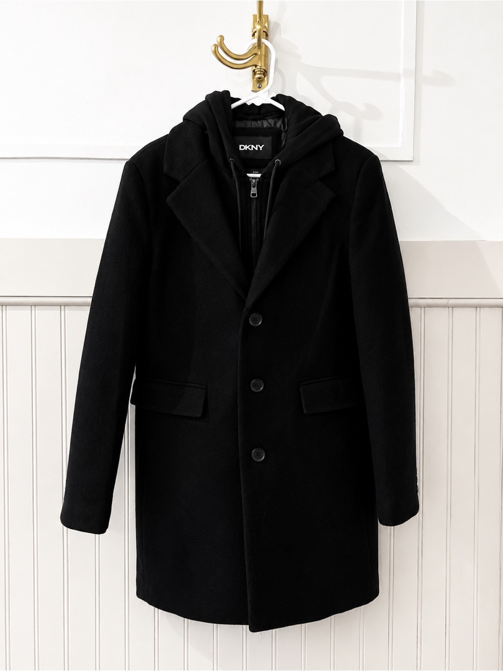 DKNY Black Hooded Wool-Blend Pea Coat